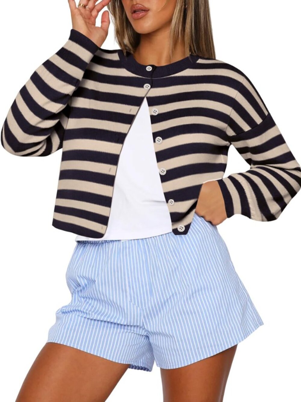 Womens Cropped Cardigan Sweaters Crew Neck Long Sleeve Button Up Sweaters